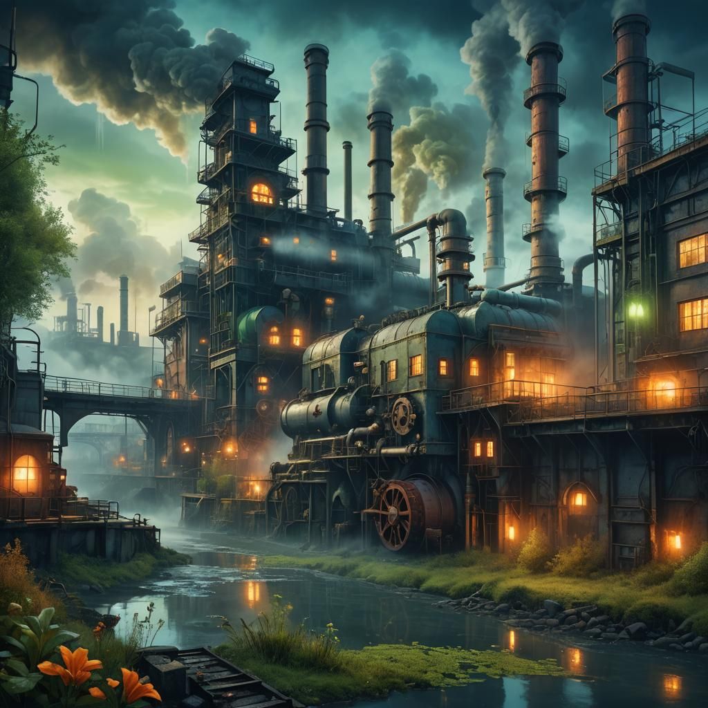 Industrial Fantasy Landscape with Glowing Flora and Runes