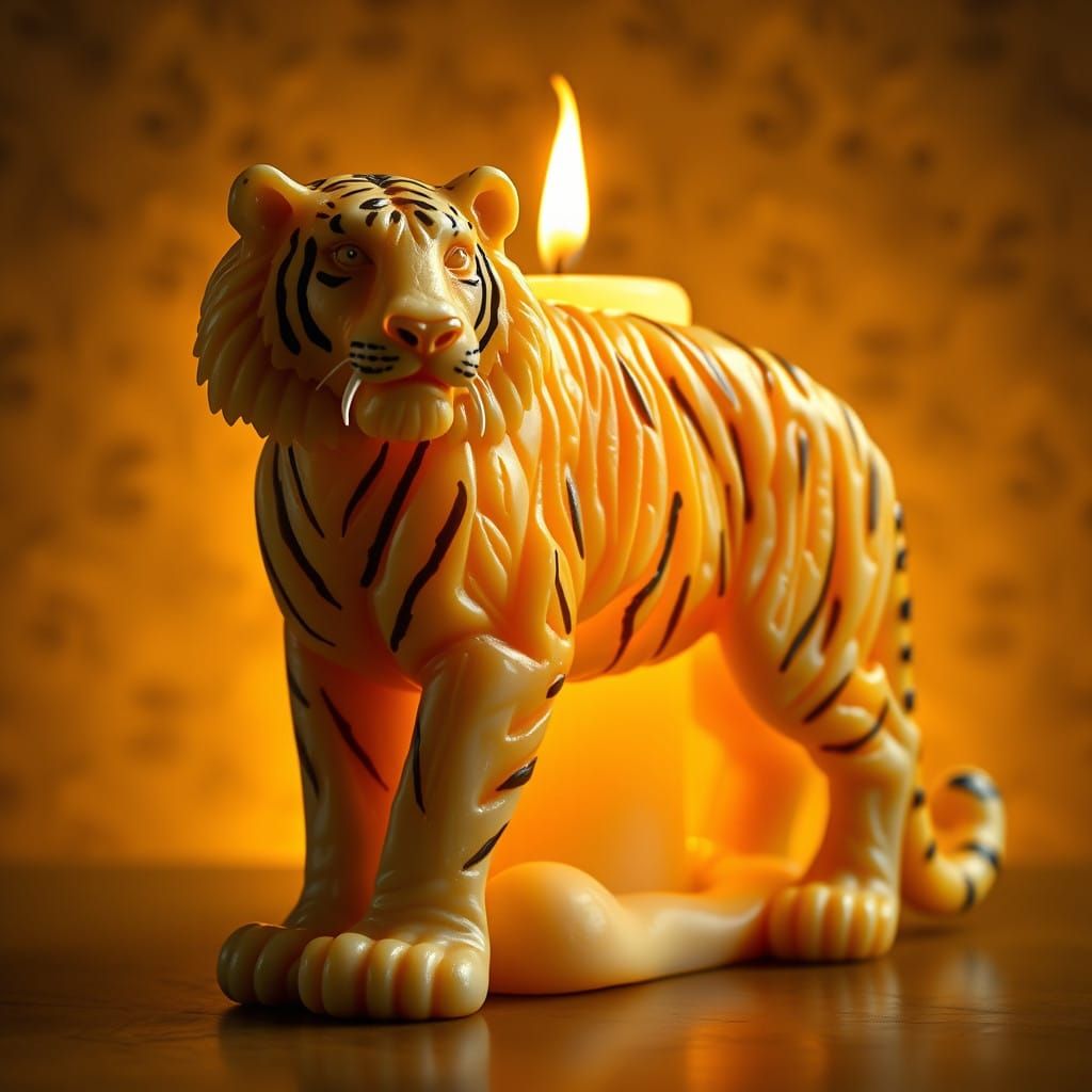 Tiger Carved Candle Sculpture in Impressionist Style