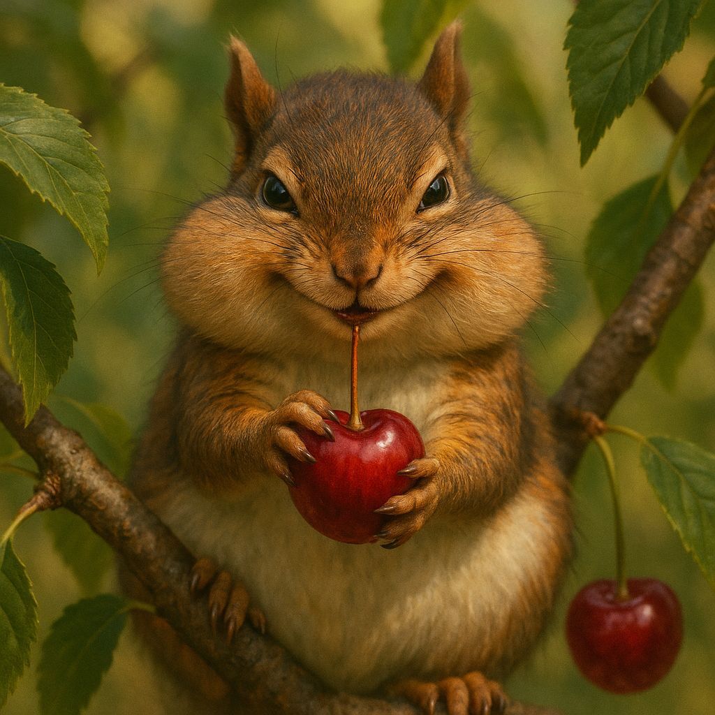Mischievous Squirrel with Cherry in Cherry Tree