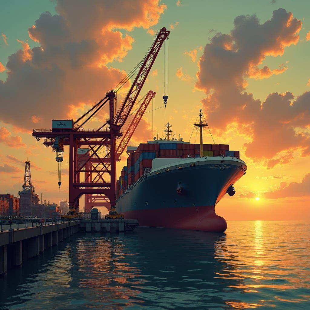 Cargo Ship Container Offloading at Sunset