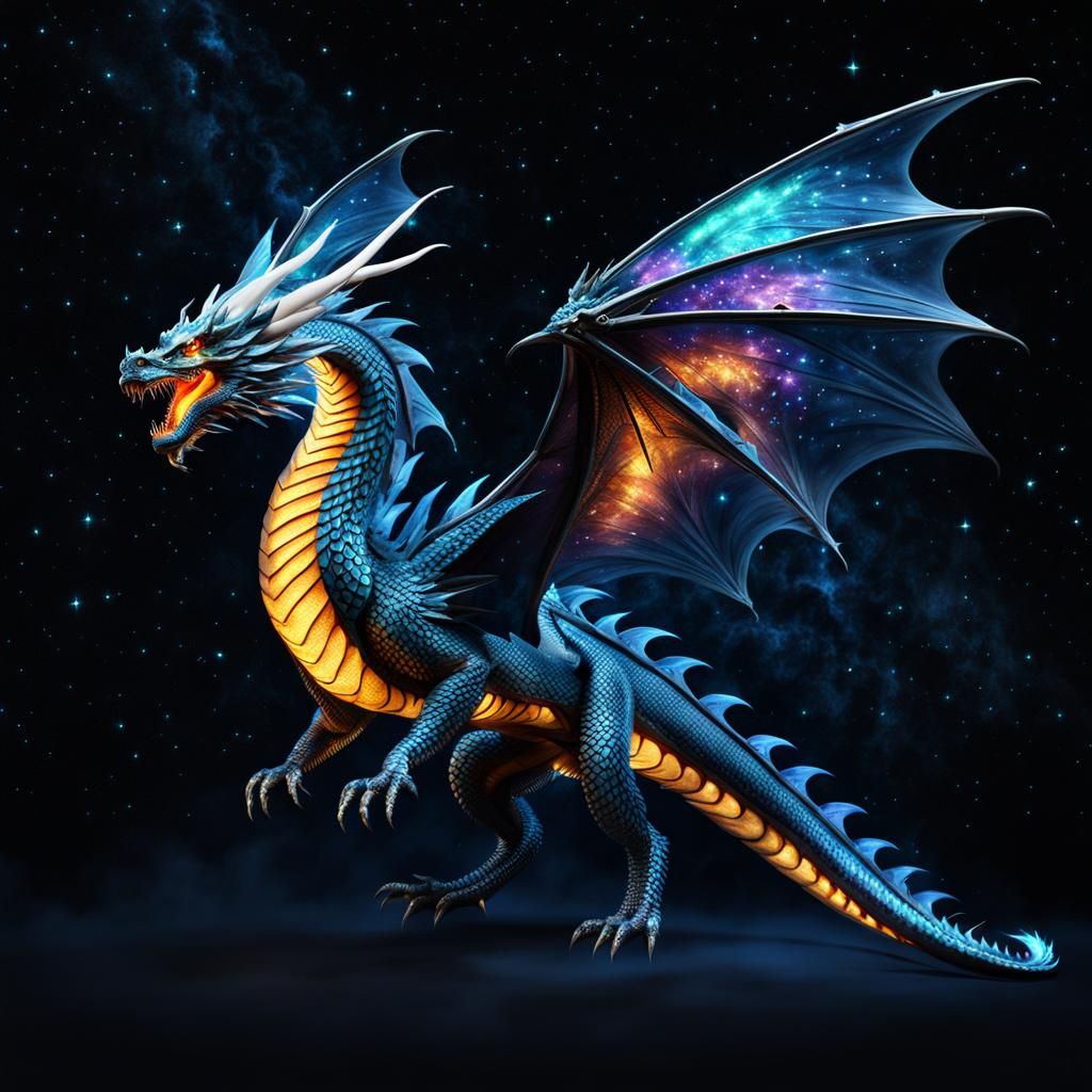 Luminous Dragon with Iridescent Scales in Starry Sky