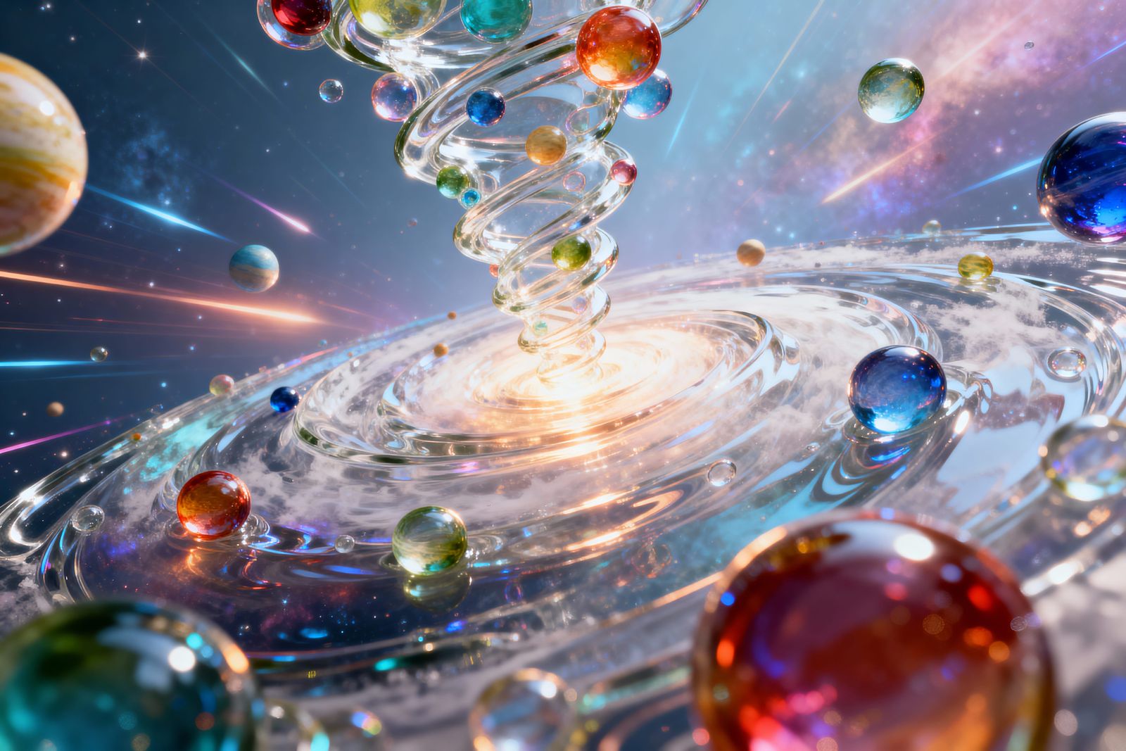 Vivid Glass Starfield Nebula with Spiraling Planets