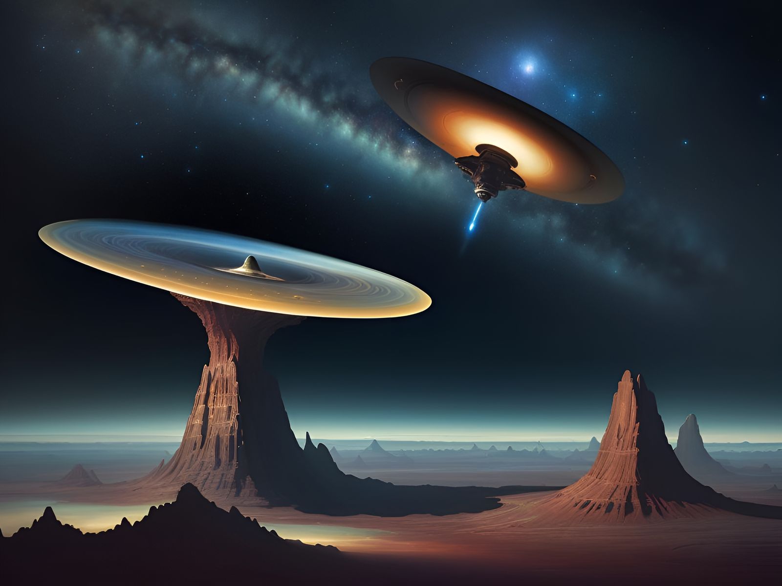 Flying Saucer over Fantasy Landscape in Hyperrealism