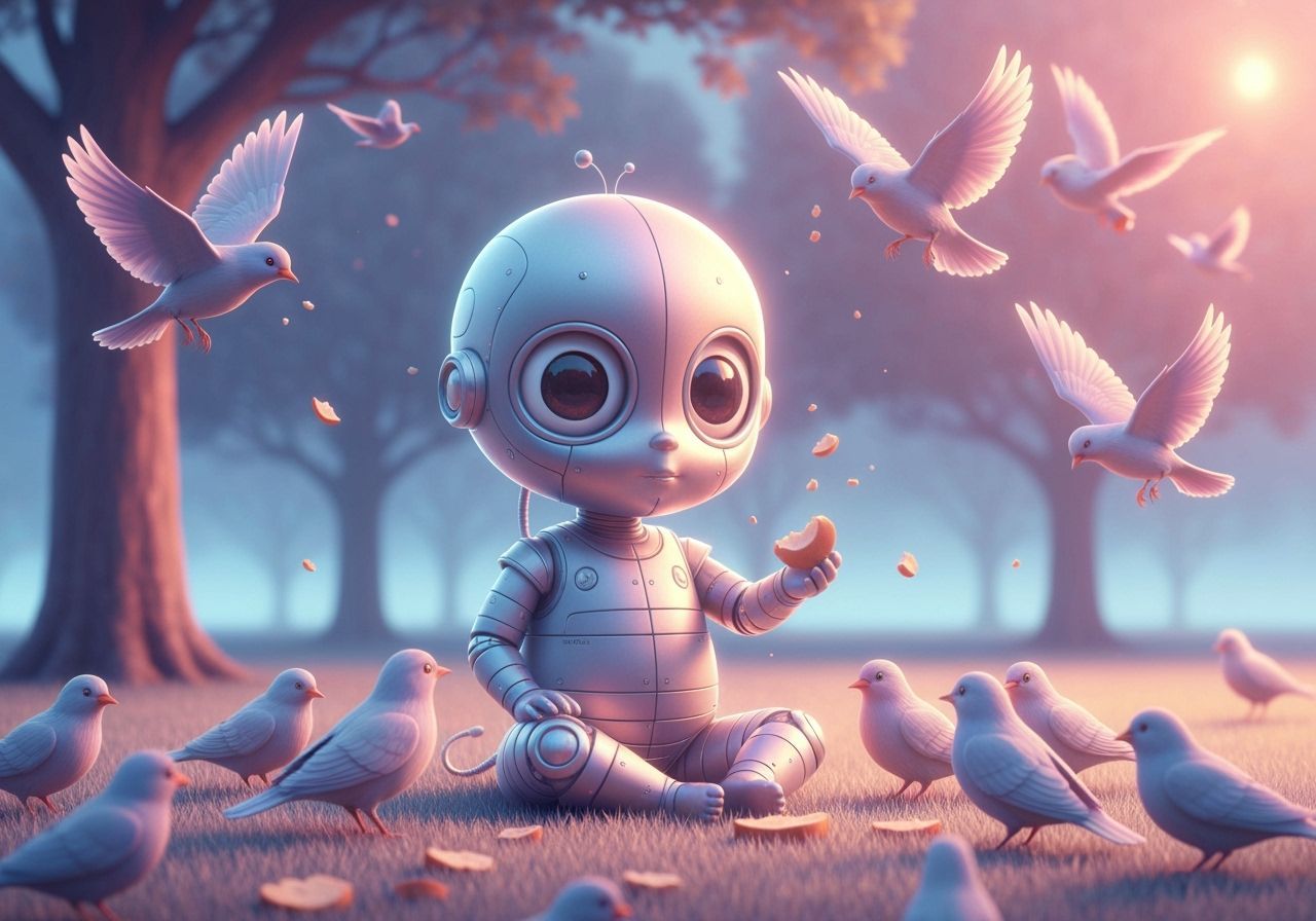 Cyborg Child Feeds Birds in Whimsical Park