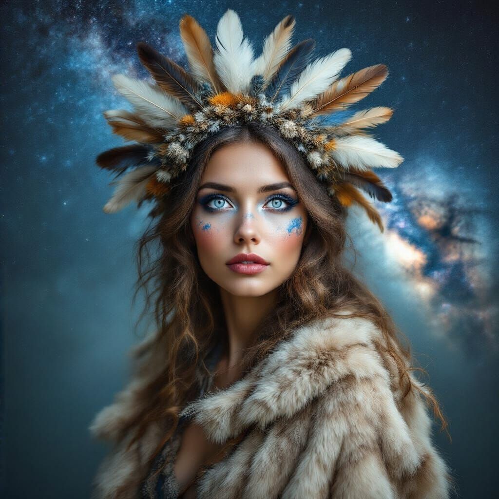 Ethereal Woman with Starry Makeup and Feathered Crown