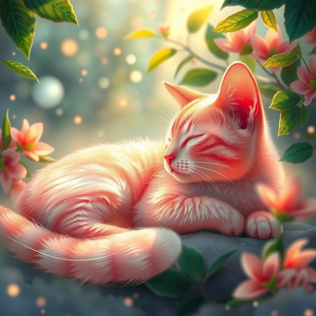 sleeping cat made of watermelon ethereal fantasy hyperdetailed mist Thomas Kinkade