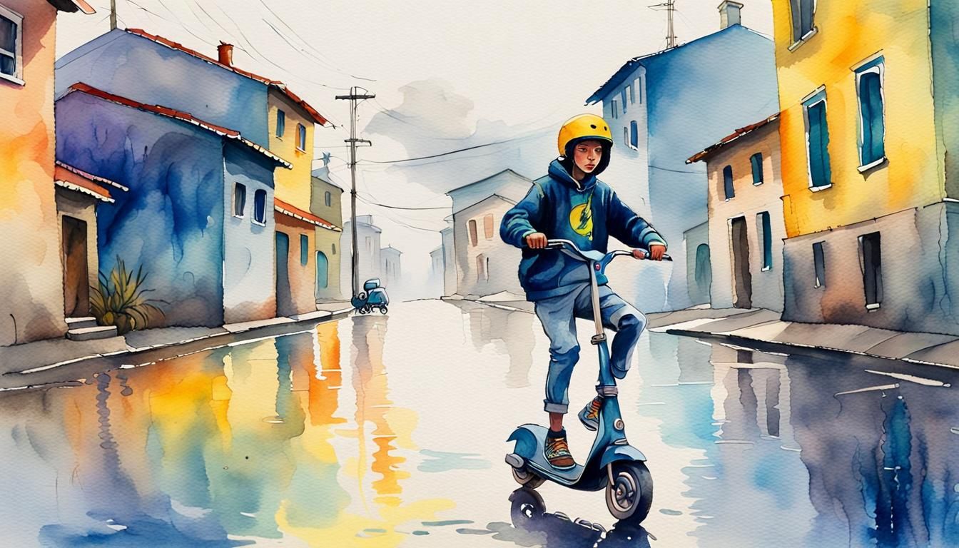 Psychedelic Watercolor Youth Rides Scooter Through Misty Tow...
