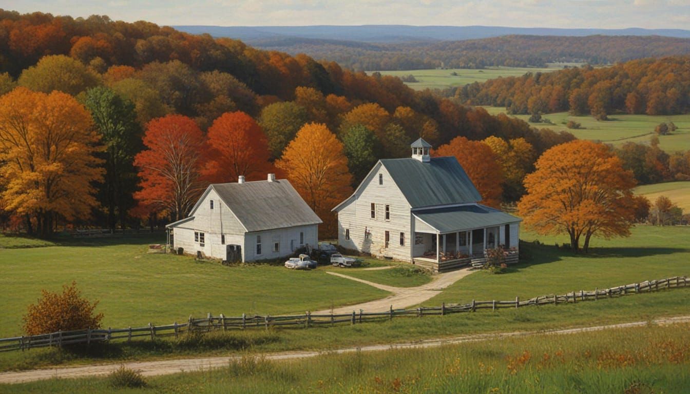 Autumn Farm Landscape in Bouguereau Oil Painting Style