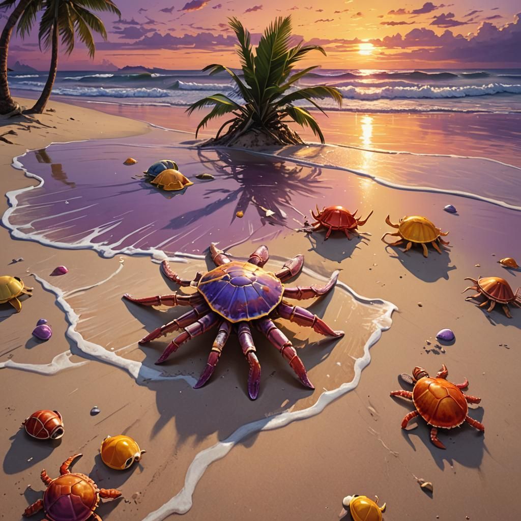 Hyperrealistic Beach Sunset with Hermit Crabs