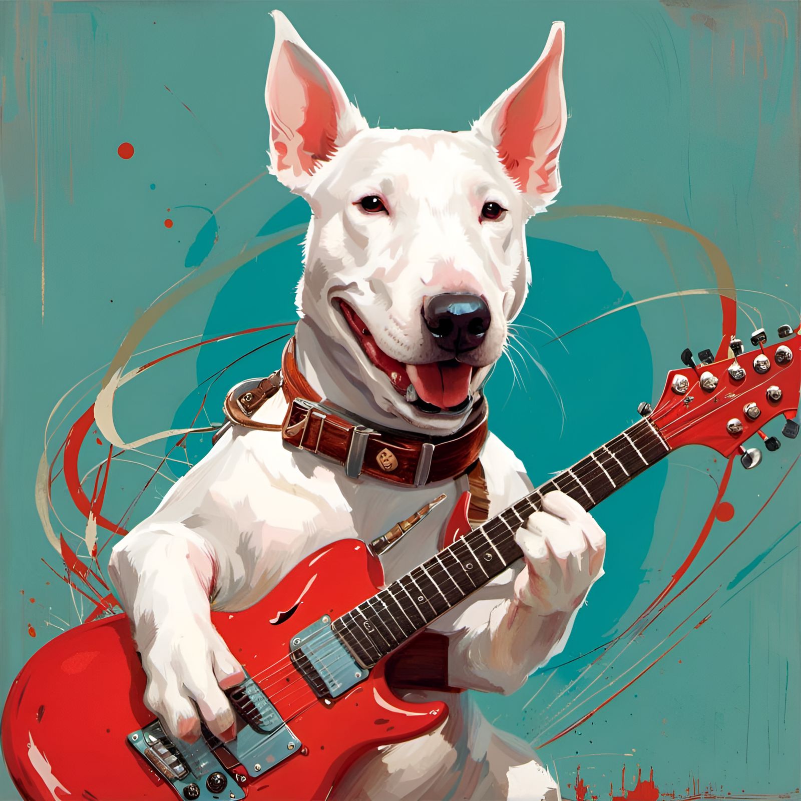 Bull Terrier Guitarist in Playful Animated Style