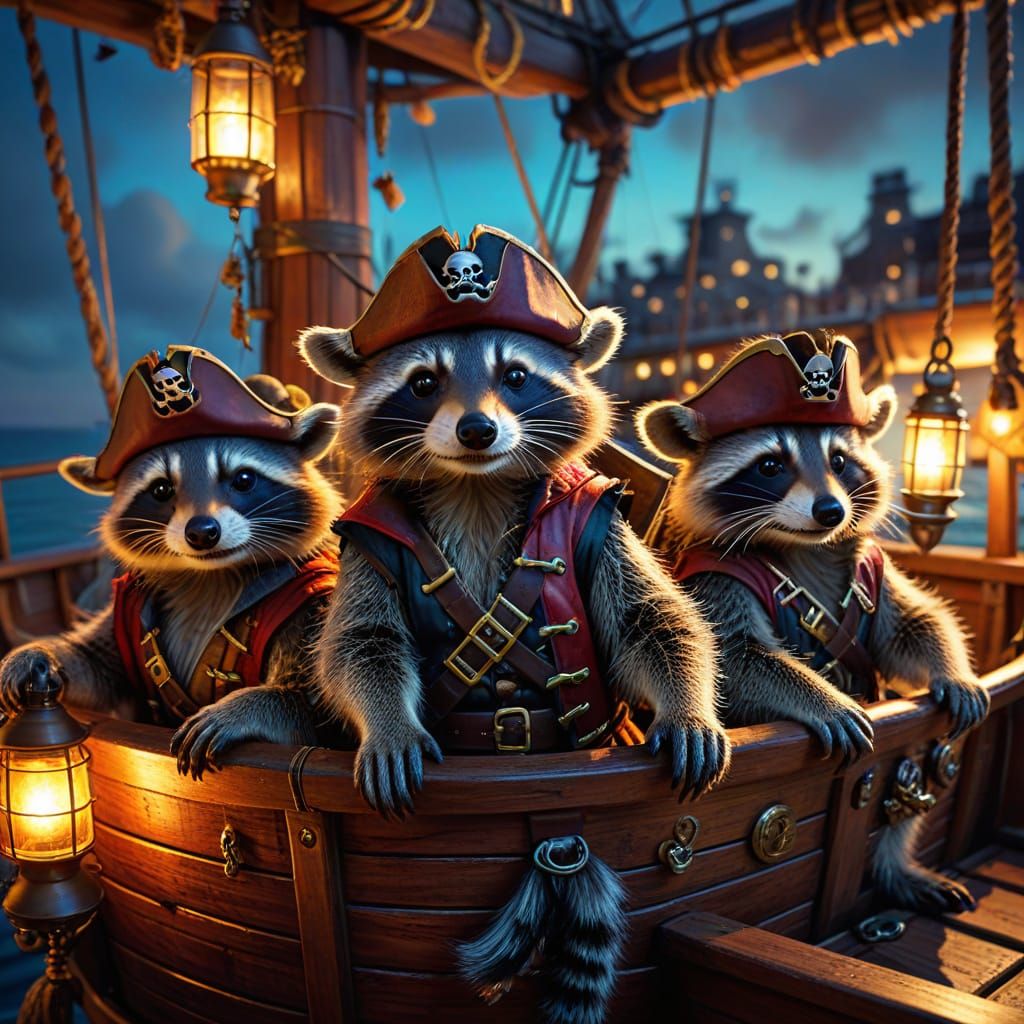 Raccoons as Pirates on a Ship in Alcohol Ink