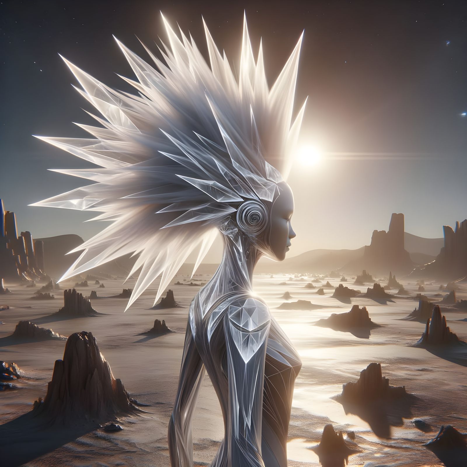 Alien Girl with Crystalline Hair on Barren Planet