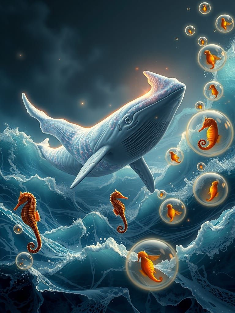 Bioluminescent Whales and Neptune in Ocean Waves