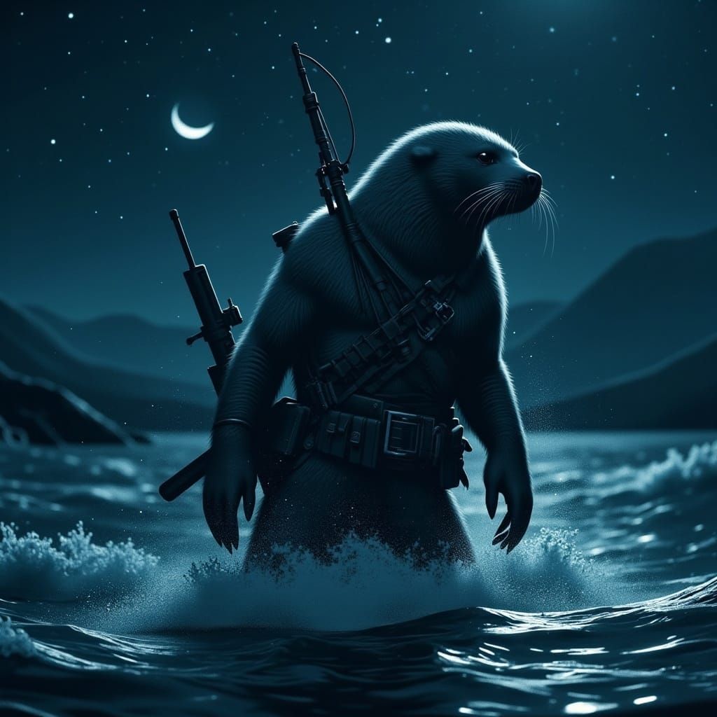 Navy Seal Emerges from Water at Night