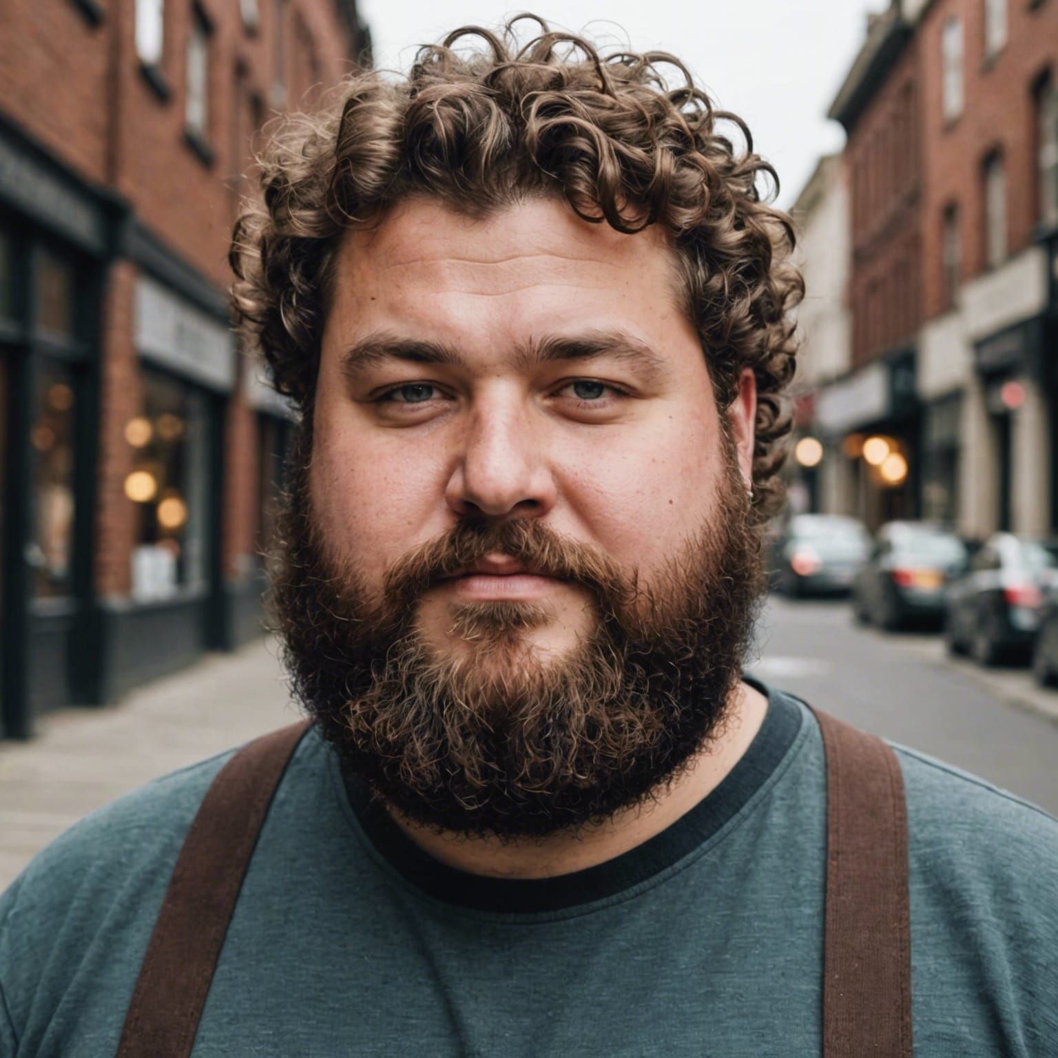 Chubby Man with Brown Beard and Curly Hair