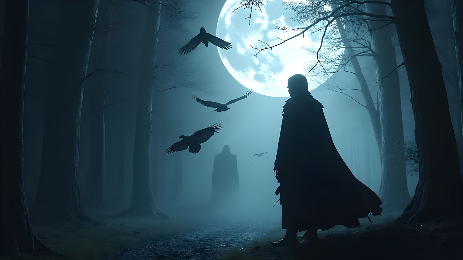 Grim Mystic Warrior in Moonlit Forest