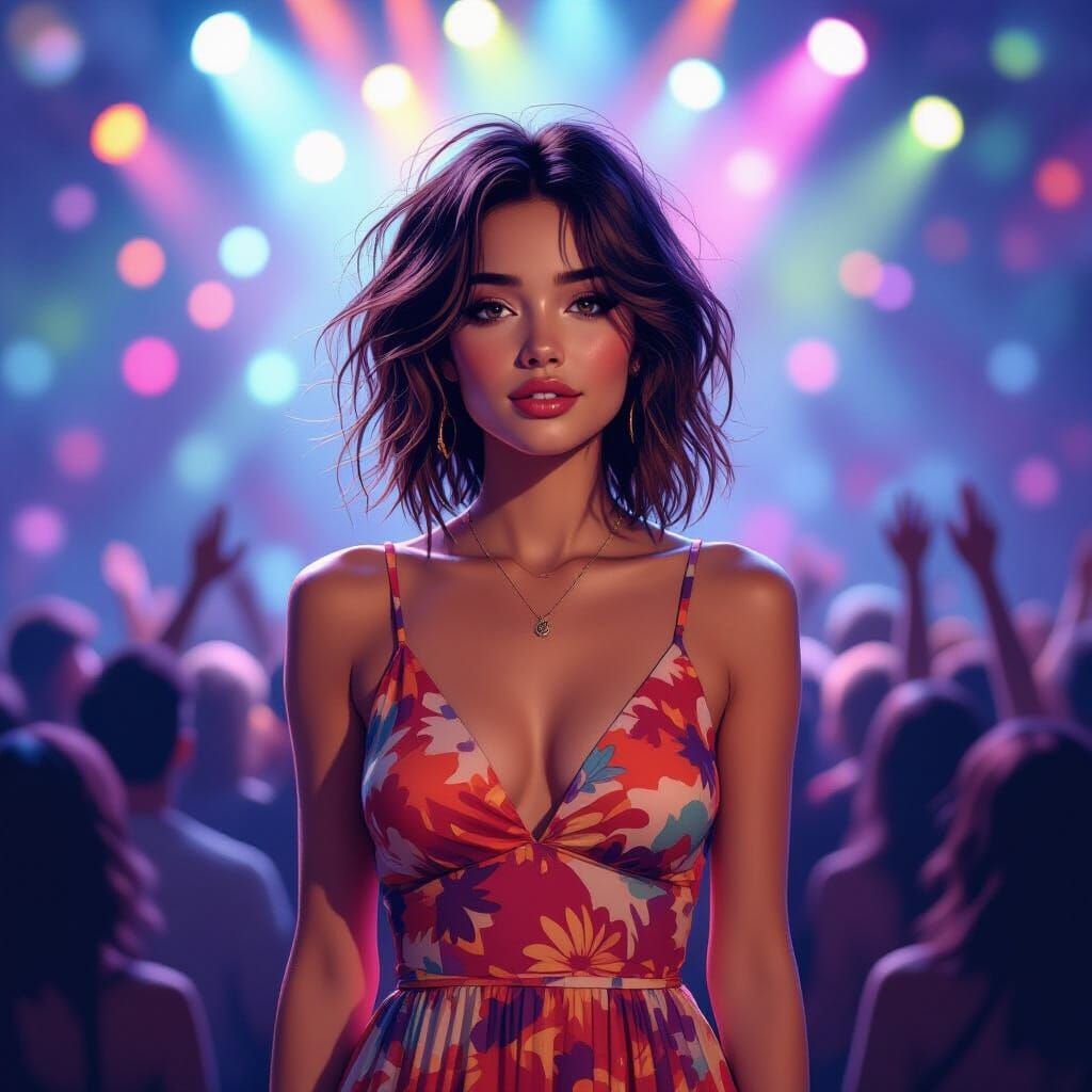 Psychedelic Concert Scene with Woman in Vibrant Dress