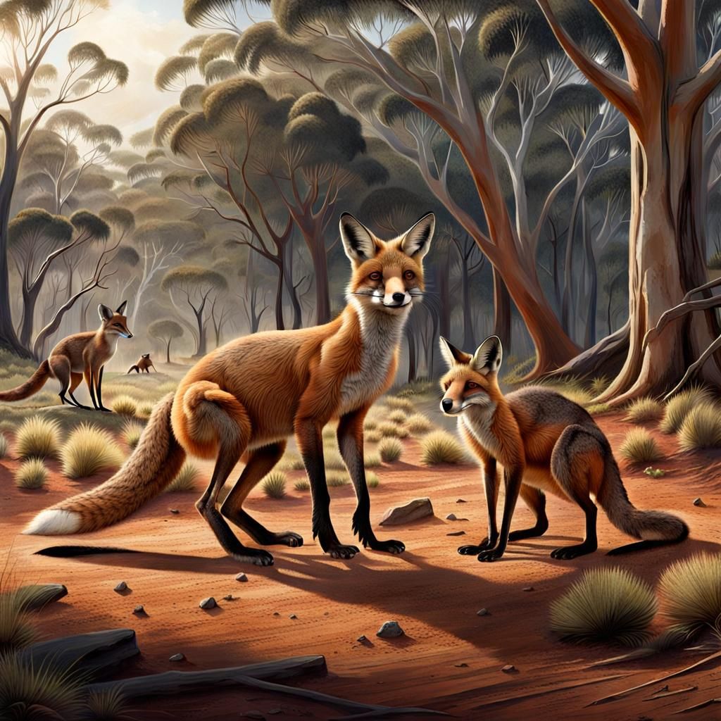 Wide shot of a Hybrid between a Fox and an kangaroo: a Fogaroo