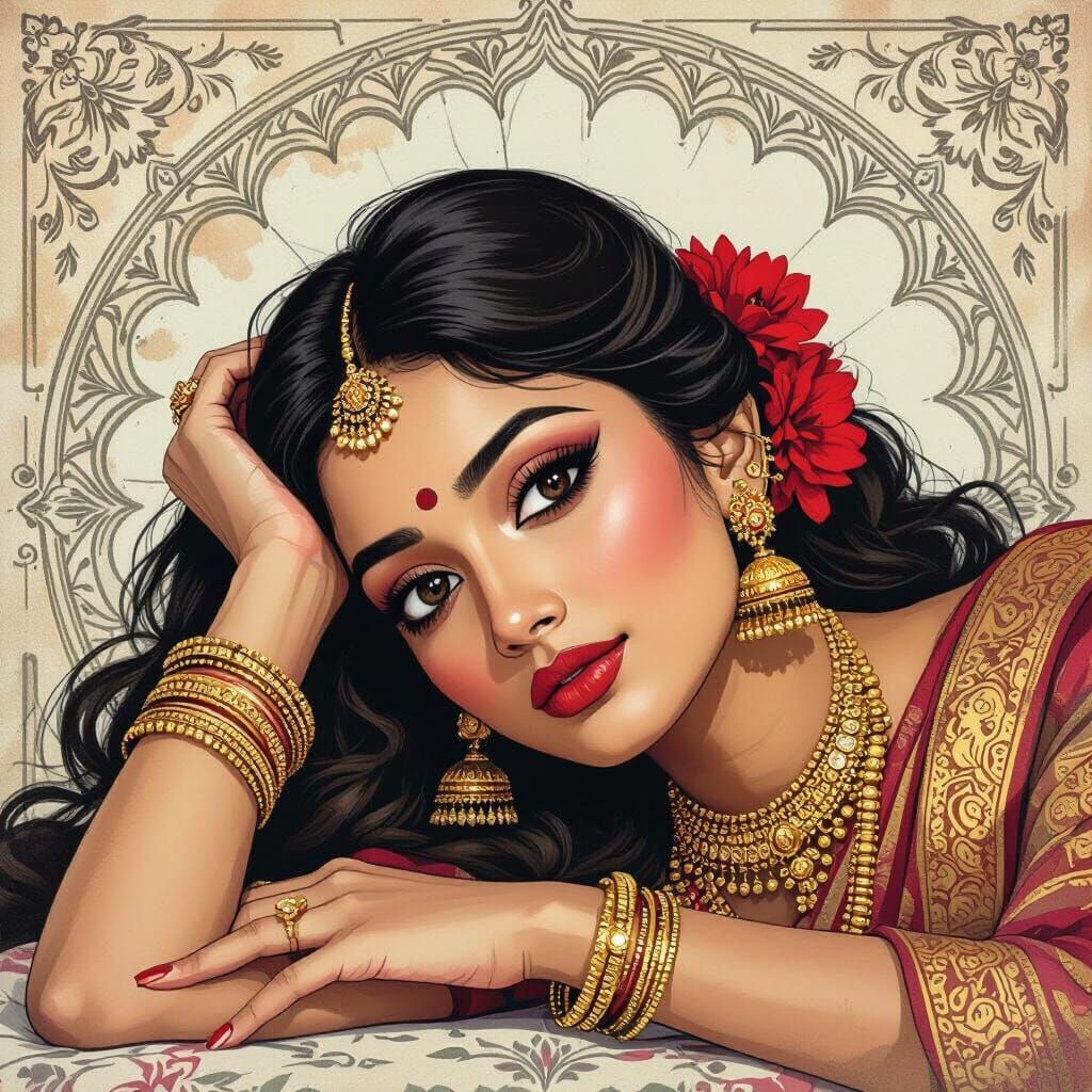 Indian Woman with Gold Jewelry in Vintage Style