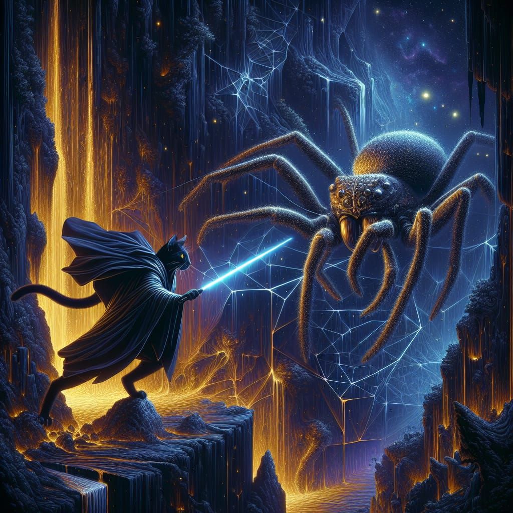 Feline Space Warrior Battles Spider in Cavern