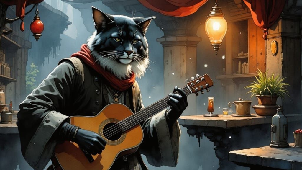 <lora:Nivis:1.0> tabby striped, blue furred, tabaxi bard, guitarist, singing fantasy scene, interior of Potterverse pub,...