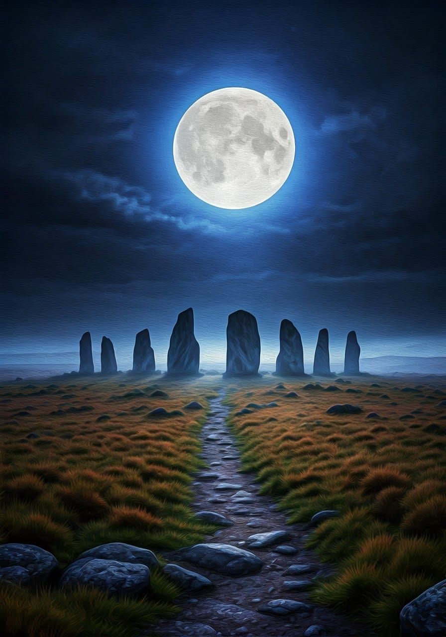 Misty Stone Circle Under Moonlight: Evocative Oil Painting
