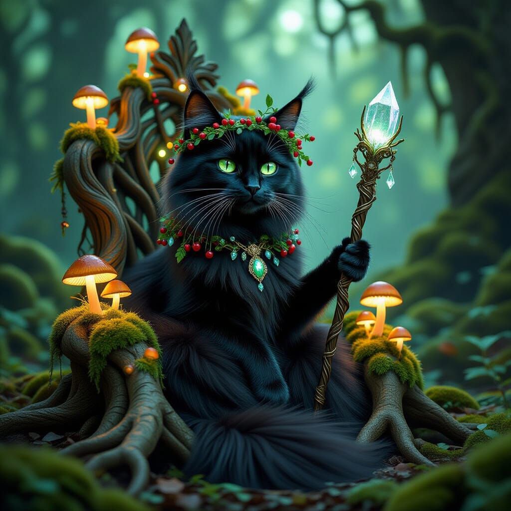 Enchanted Black Cat on Mushroom Throne in Dark Fantasy Style