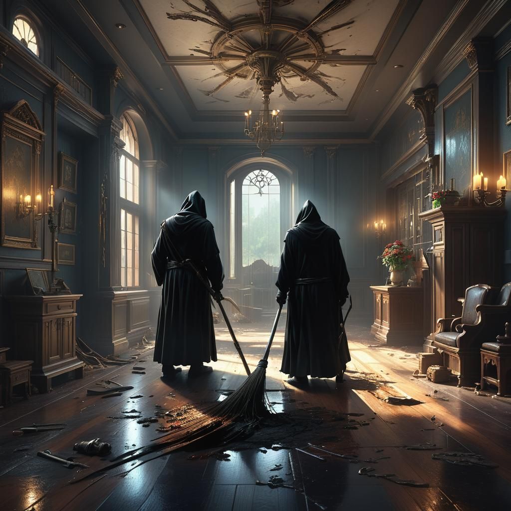 Grim Reaper Sweeping at Retirement Home: Digital Art