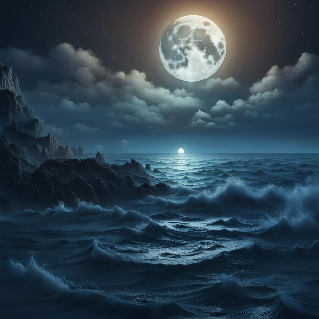 Midnight Ocean Full Moon Fantasy Concept Art