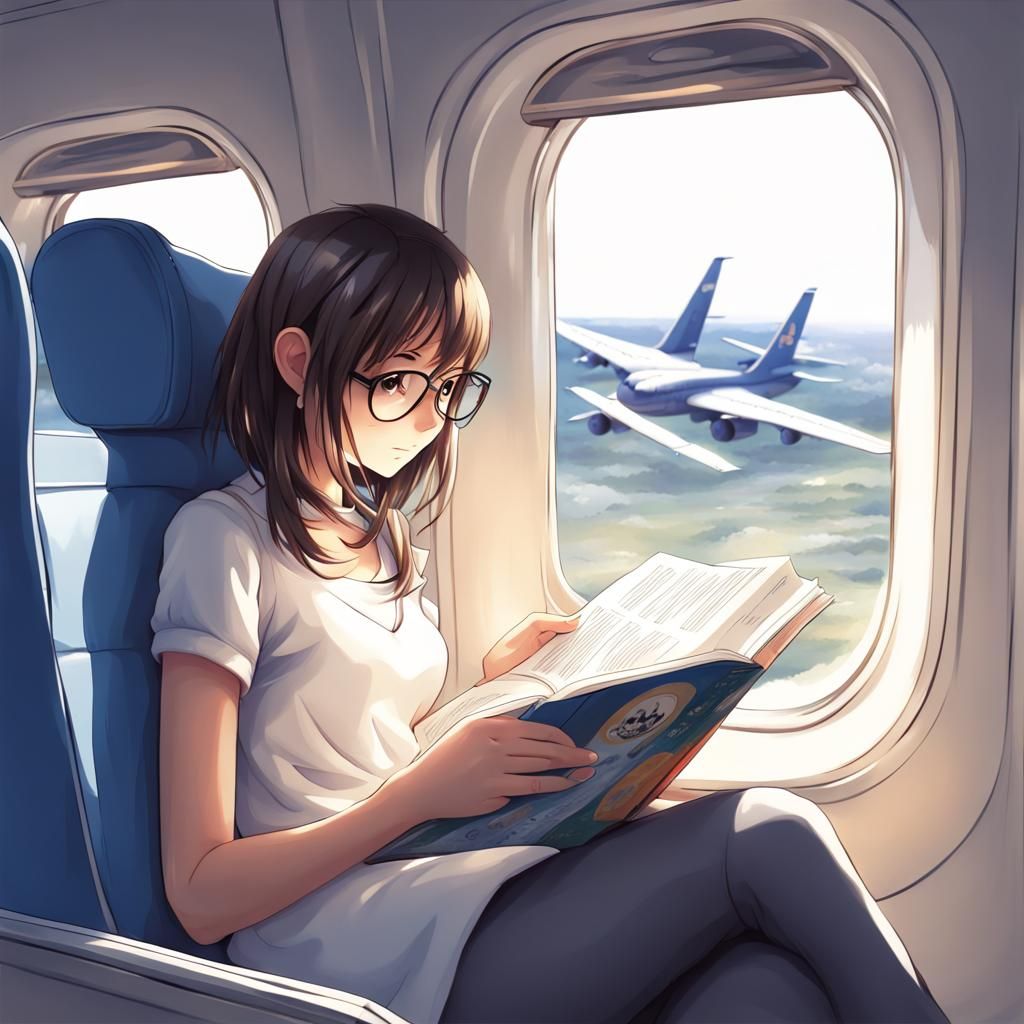 Girl Reading in Airplane Window Seat, Anime Style