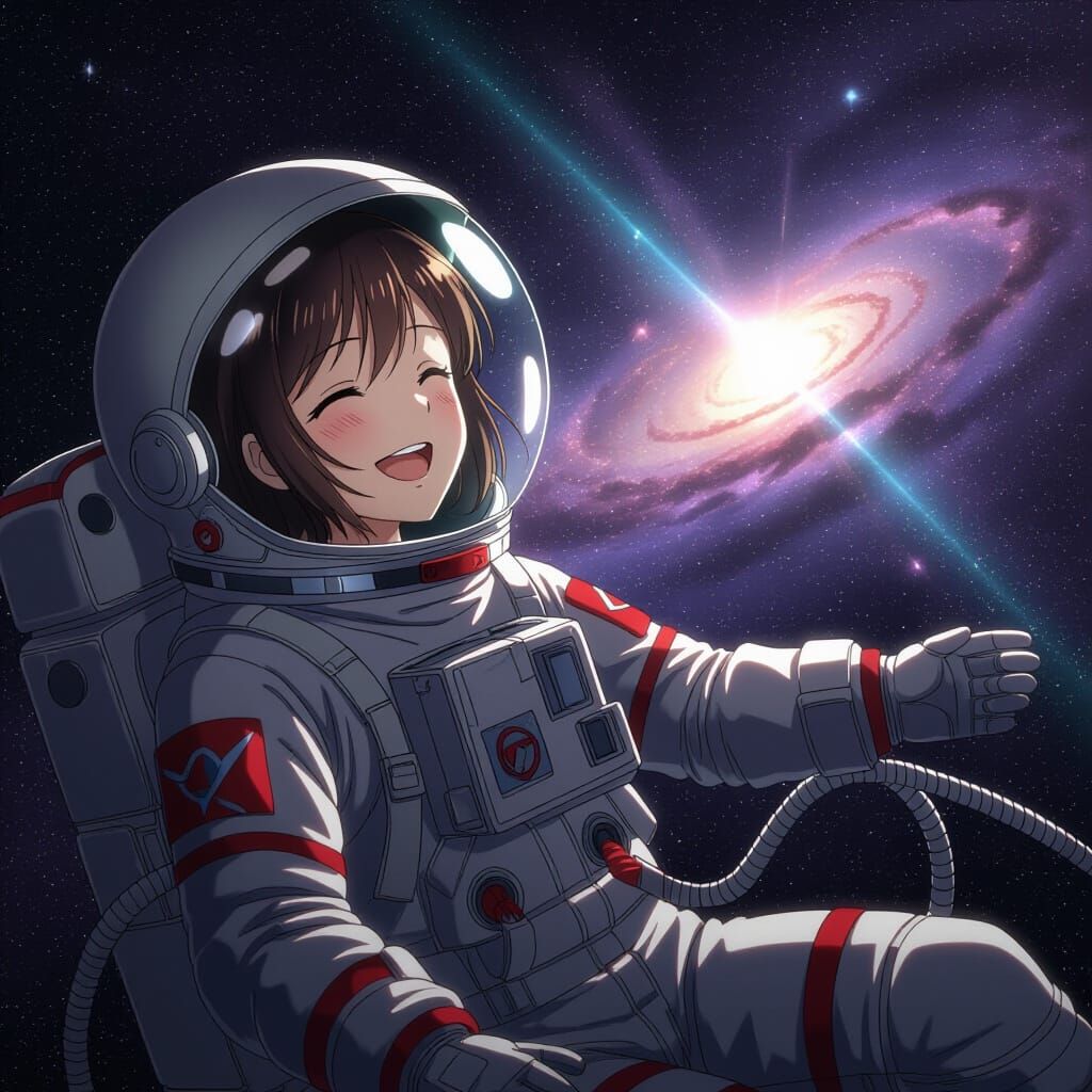 Astronaut's Joyful Space Voyage in Surreal Photorealism