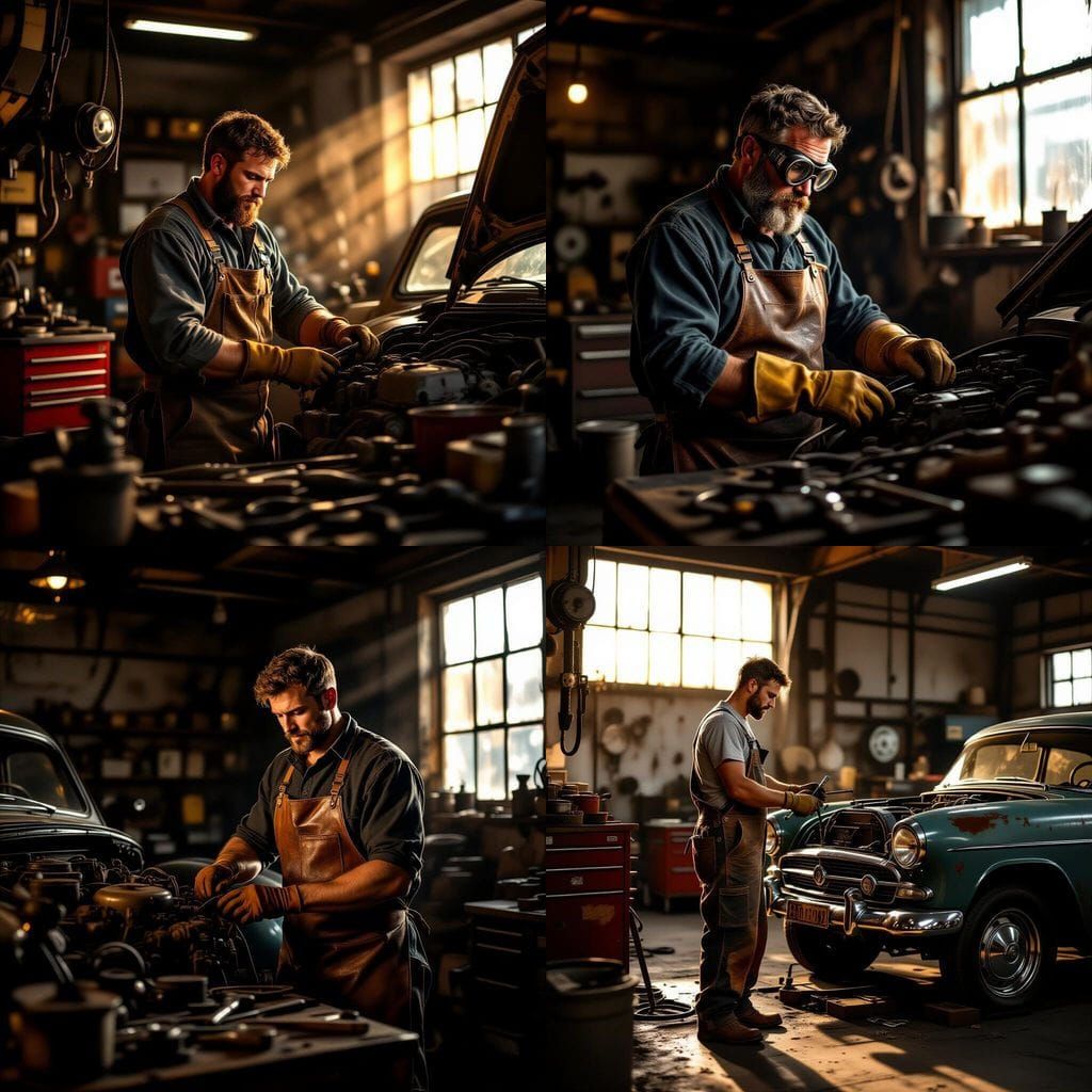 Renaissance Mechanic in Dystopian Future Garage