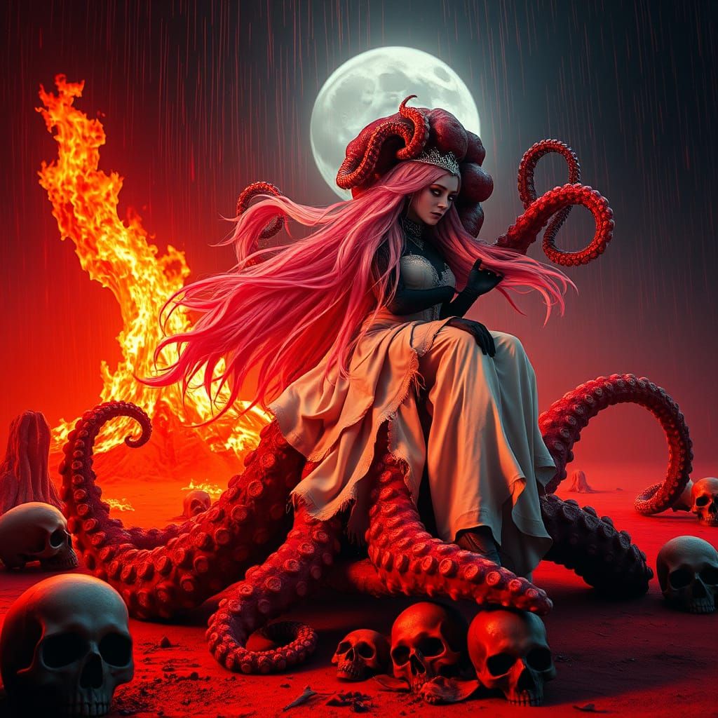 Gothic Princess Rides Octopus in Red Desert