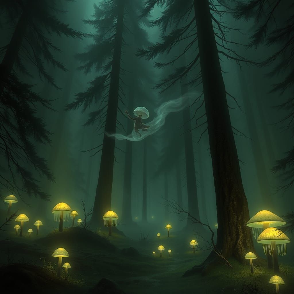 Enchanted Foggy Forest with Glowing Mushrooms