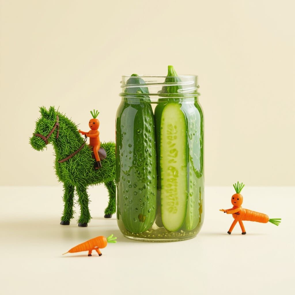 Carrot Humans Riding Grass Horses in Cucumber Juice