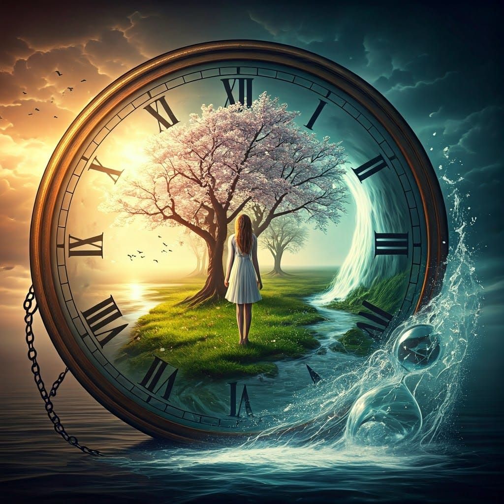 Surreal Woman in Golden Clockwork Landscape