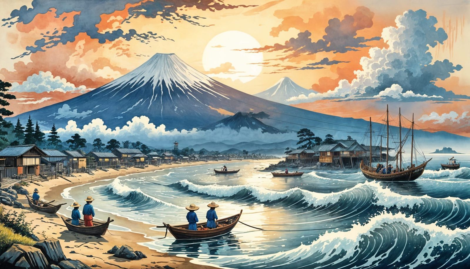 Edo Fishing Village in Ukiyo-e Style