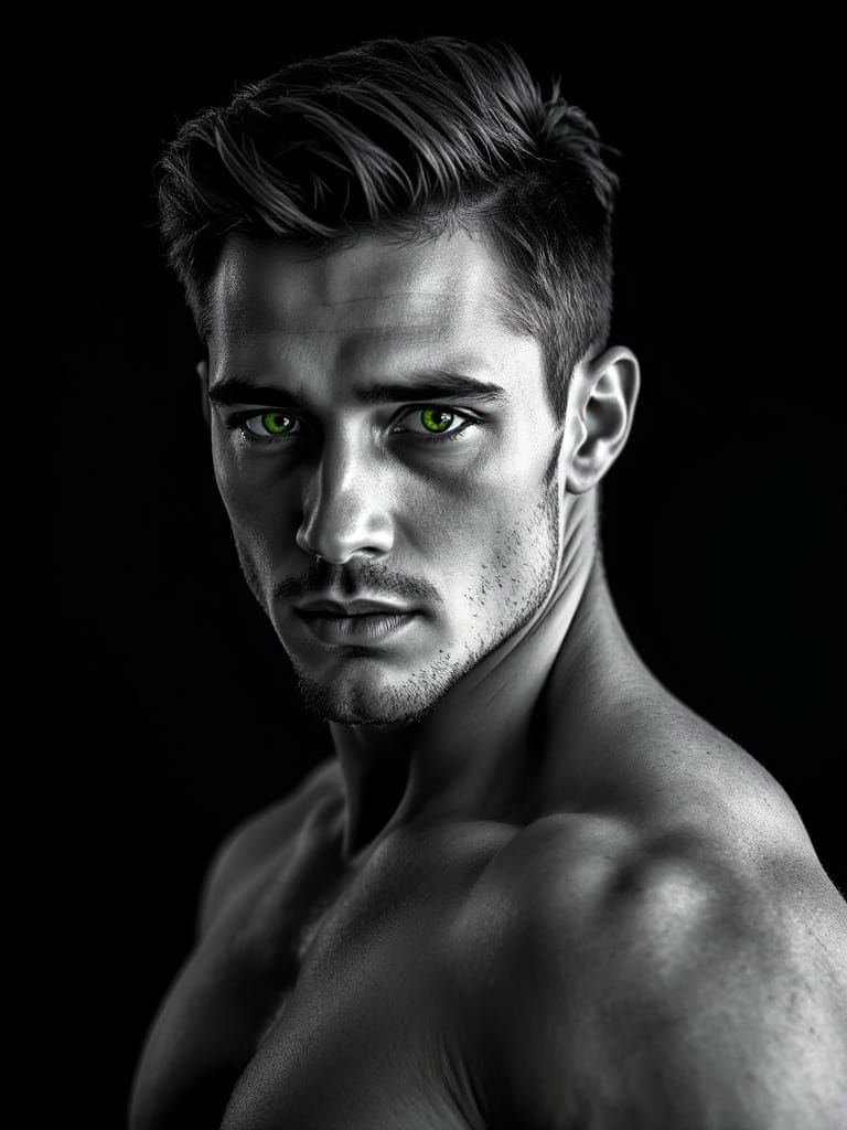 Chiseled Green-Eyed Male Portrait in Black and White