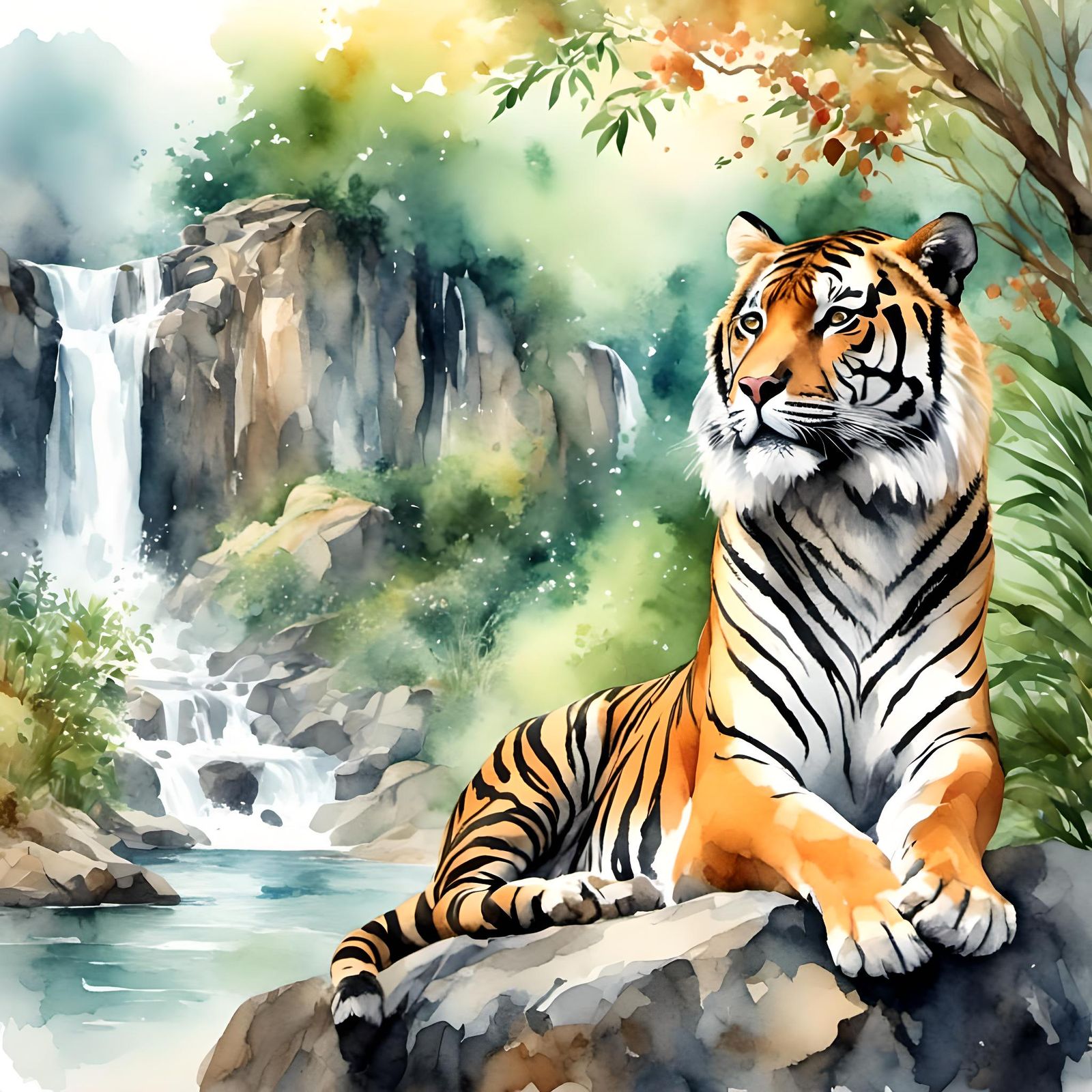 Bengal Tiger Resting, Digital Watercolor Illustration