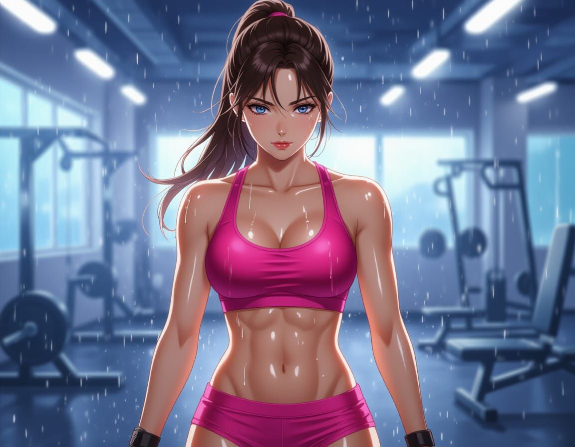 Athletic Woman in Gym, Anime Style