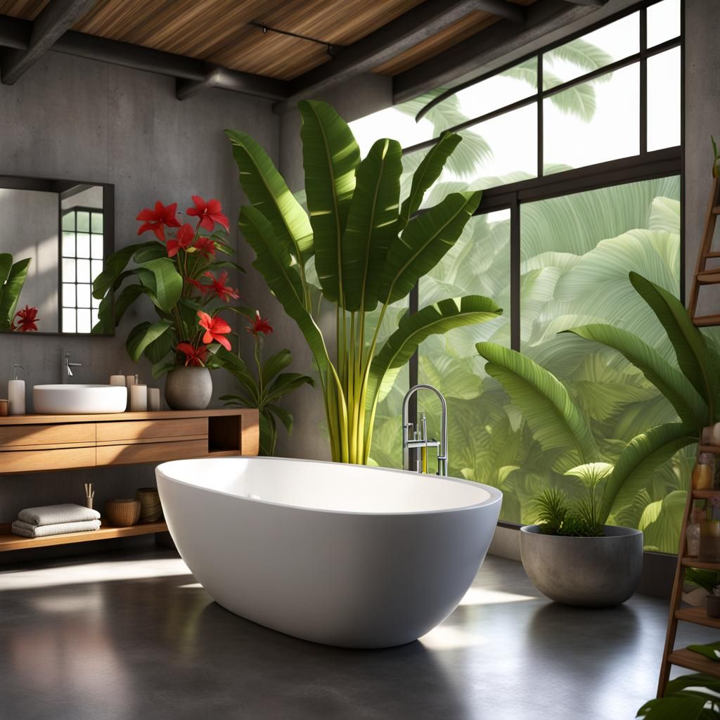 Industrial Tropical Hawaiian Bathroom in Hyperrealism