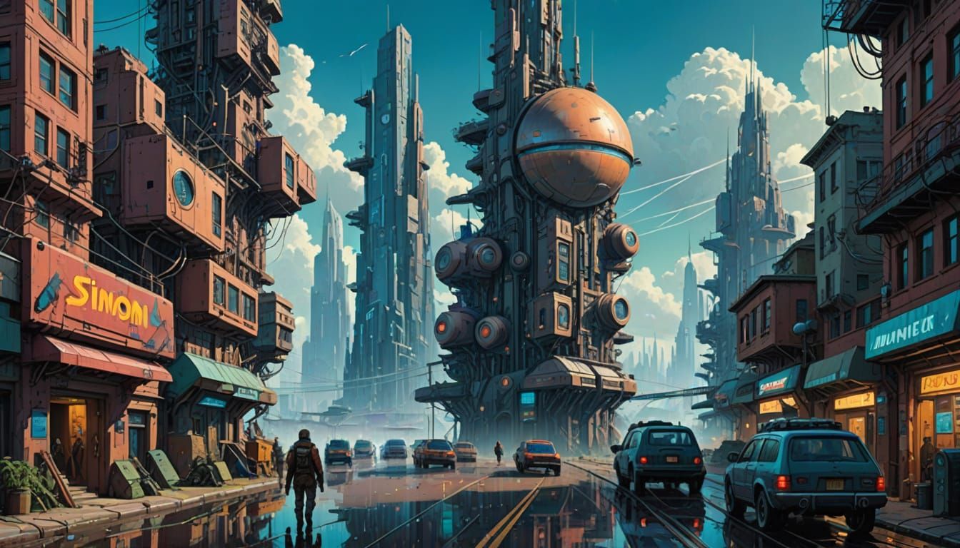 Ethereal Cityscape on Jupiter in Retrofuturistic Oil Paintin...