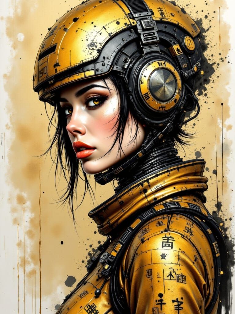 Hyperrealistic Dieselpunk Cyborg in Golden Aesthetic