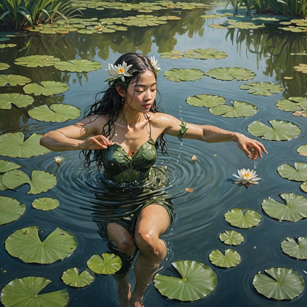 Nymph Playing by the Lake with Lily Pads