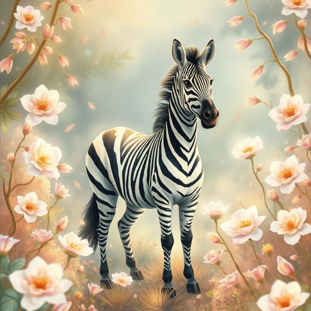 Dreamy Zebra in Whimsical Garden with Magical Blossoms