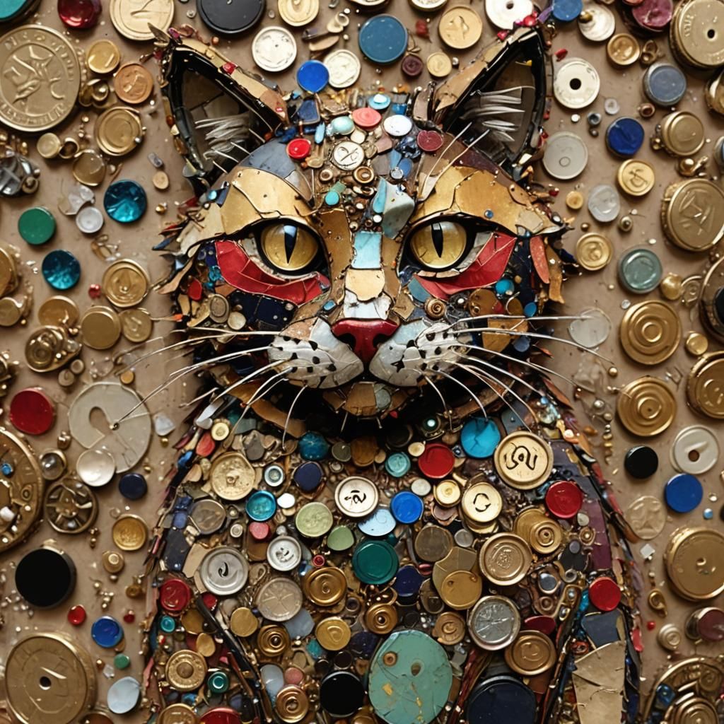 Raggedy Cat Mixed Media Assemblage Art