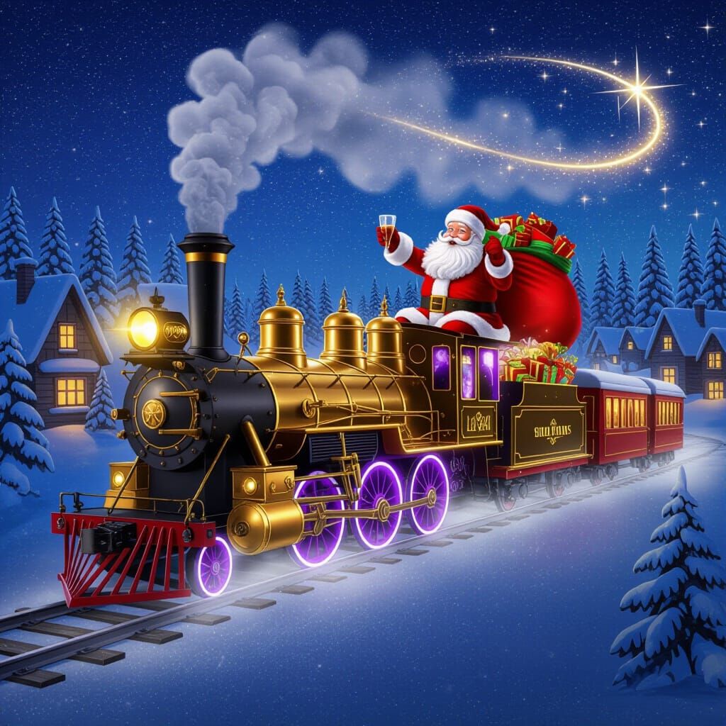 Magical Golden Steam Train with Santa in Winter Wonderland