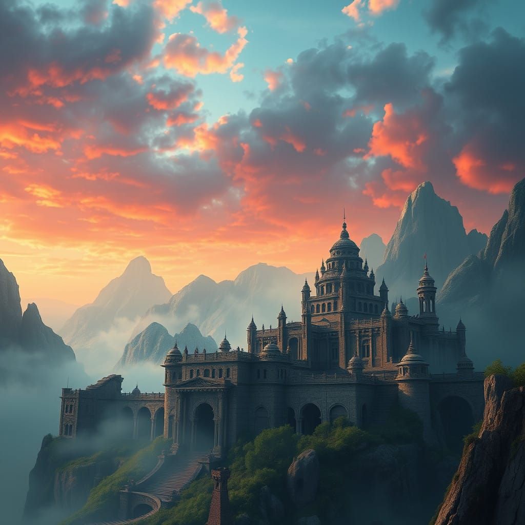 Ancient Citadel Rises from Mist-Shrouded Mountains in Cyberp...