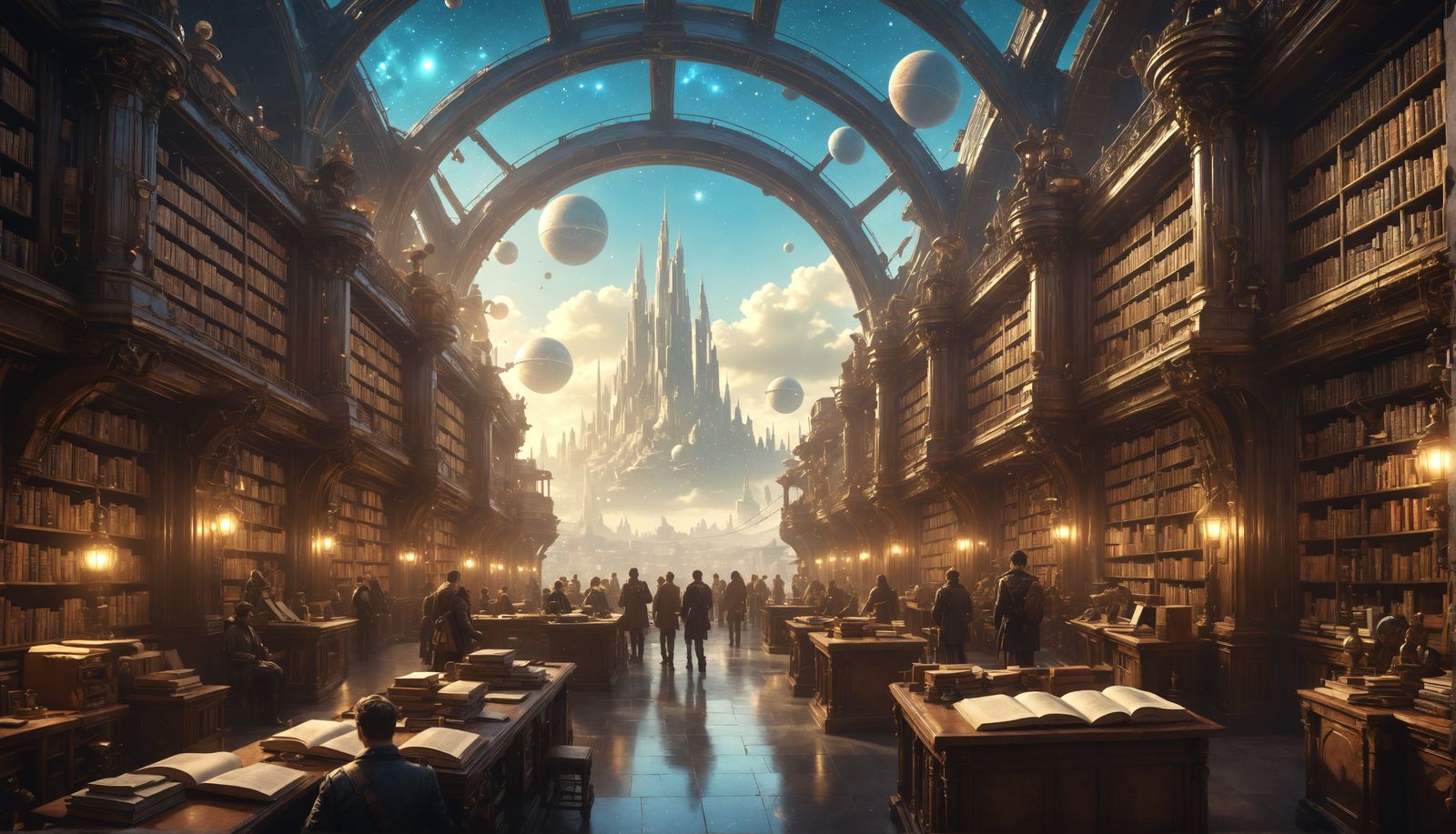 Retrofuturistic City of Libraries Under Starry Skies