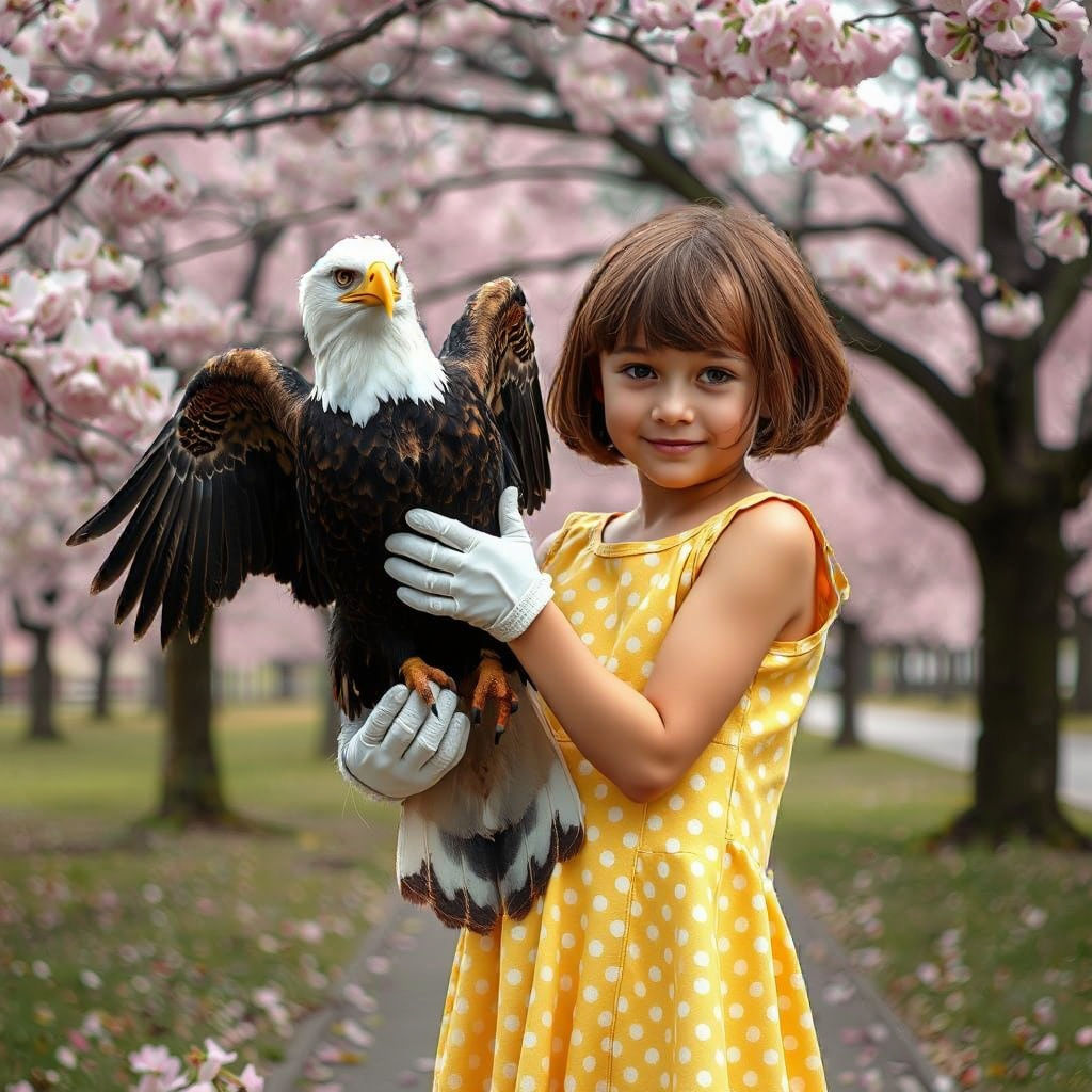 Young Girl with Bald Eagle in Cherry Blossom Garden